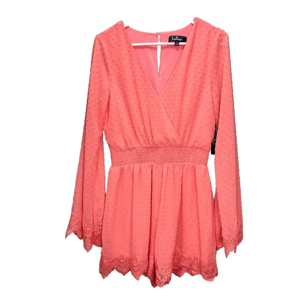 NWT Lulus Meadowlake Coral Orange Swiss Dot Lace Bell‎ Sleeve Romper Size SMALL